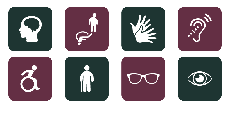 Illustration: Acht Rechtecke, welche symbolhaft unterschiedliche Arten von Behinderungen darstellen. Symbole für Sehbehinderung, Blindheit, Hörbehinderung, Rollstuhlnutzung und unsichtbare Behinderungen.